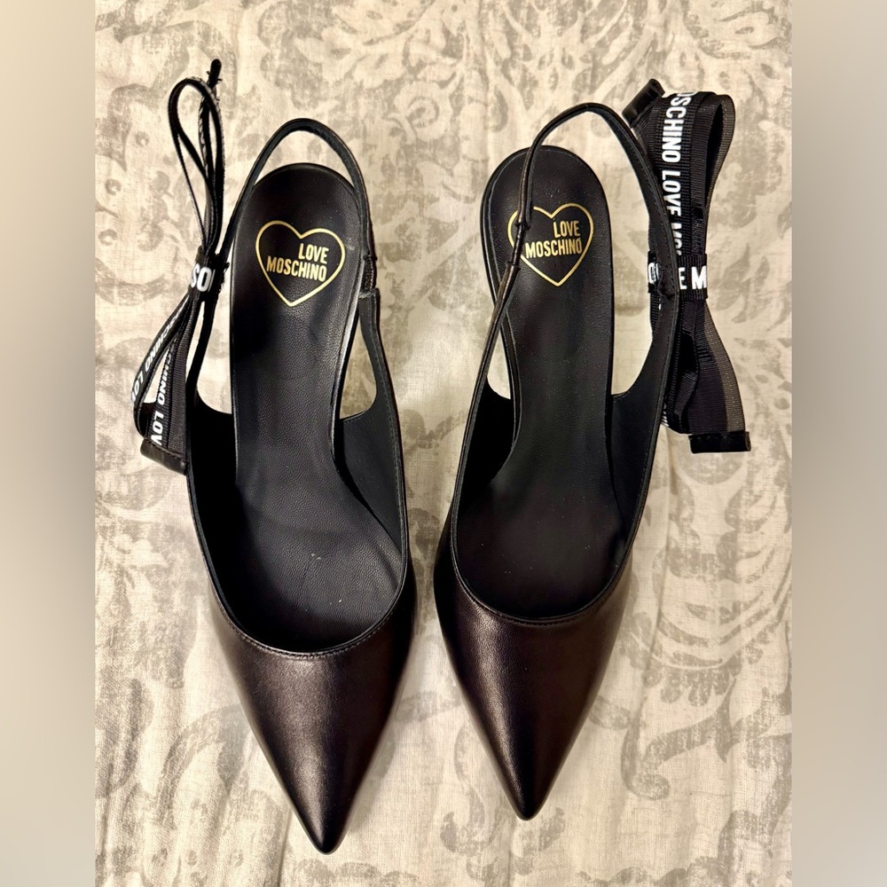 Love Moschino Black Slingback heels  with Ribbon accent. Made in Italy